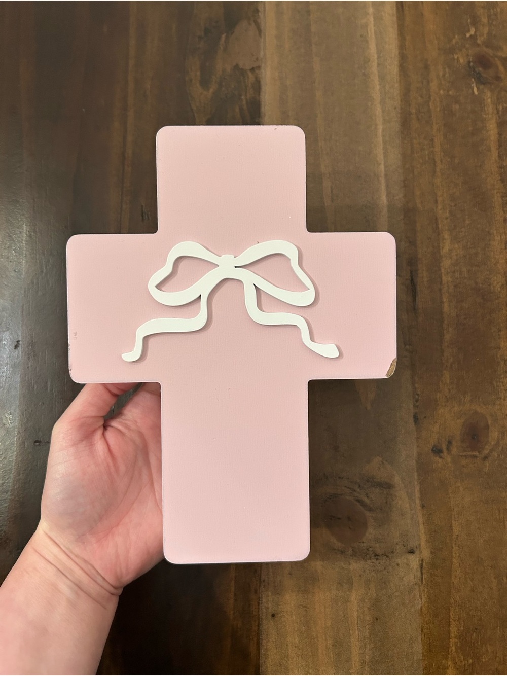 Pink Wooden Cross Wall Decor with White Bow